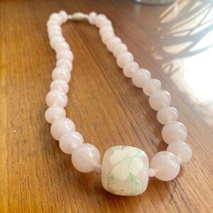 Vintage 1930s Translucent Pink Catalin Bead Necklace with Hibiscus Decal
